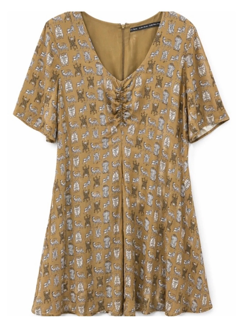 & Other Stories Short Sleeve Mini Dress Animal Safari Pattern Khaki Brown Size 8